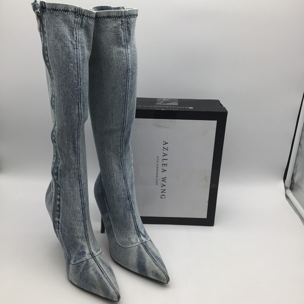 Azalea Wang Calana Denim Tall Stiletto Boots Pointed Toe Womens Size 7.5 NEW